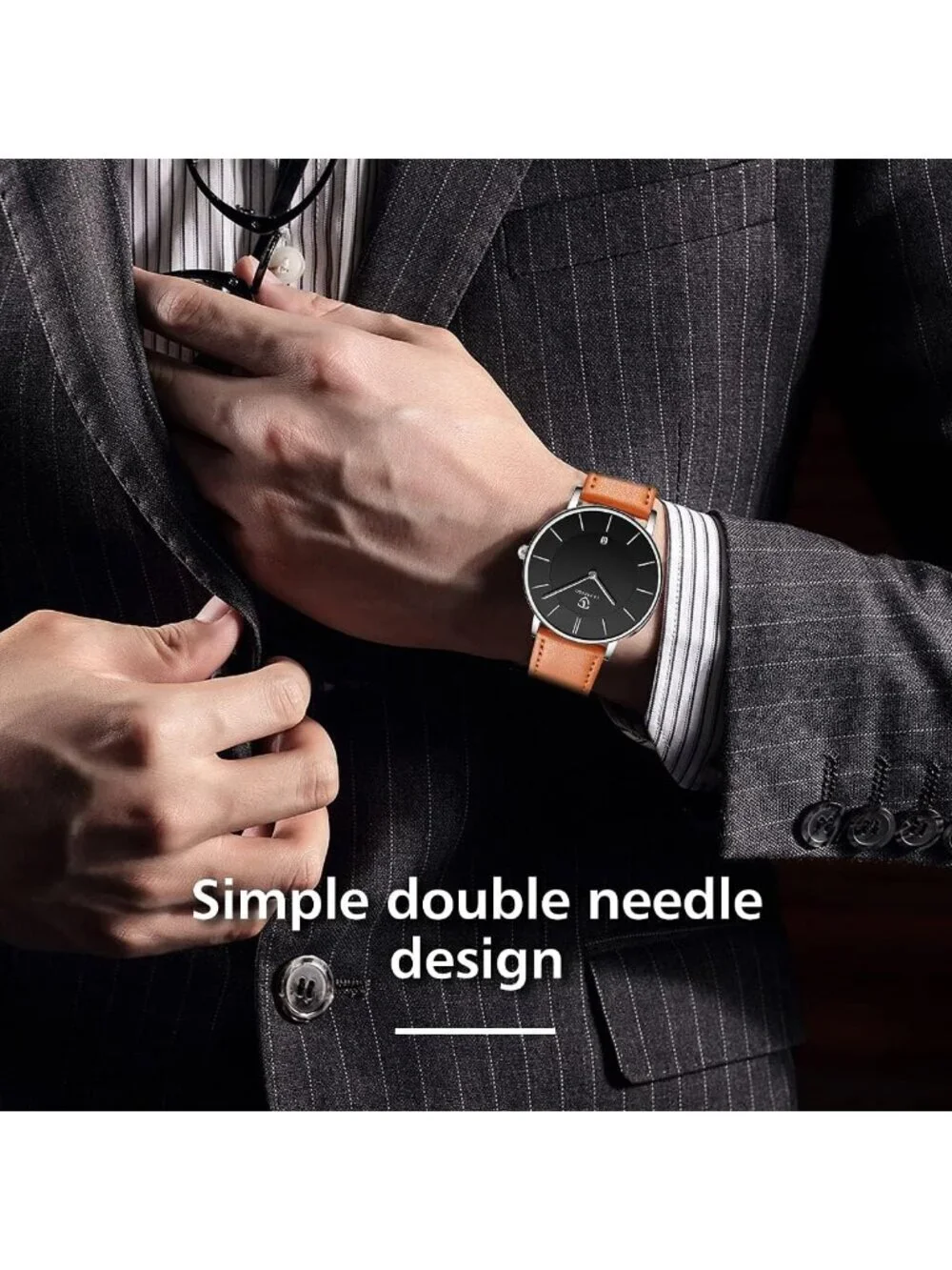 Men's Black Orange Leather Strap Analog Minimalist Fashion Simple Wrist Watch